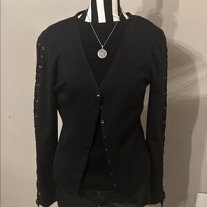 Cache Y2K Cardigan
Women L Black Silk Blend Lace Up Sleeve Sweater
Dark Academia